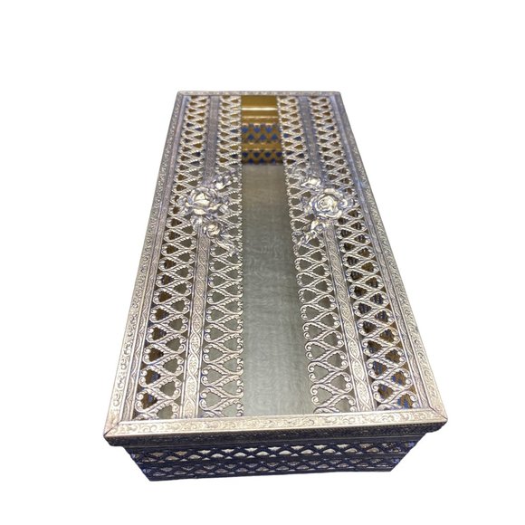 Vintage Gold Filigree Rose Tissue Box Cover Silver MCM Hollywood Regency - Picture 2 of 14